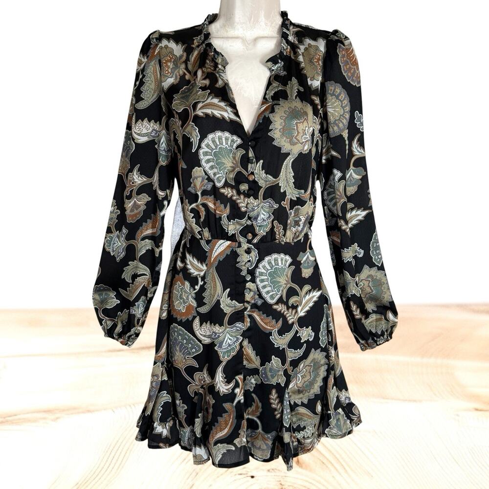 Heartloom Black Floral Print Mini Dress Sz XS Sullivan Ruffled w Long Sleeves